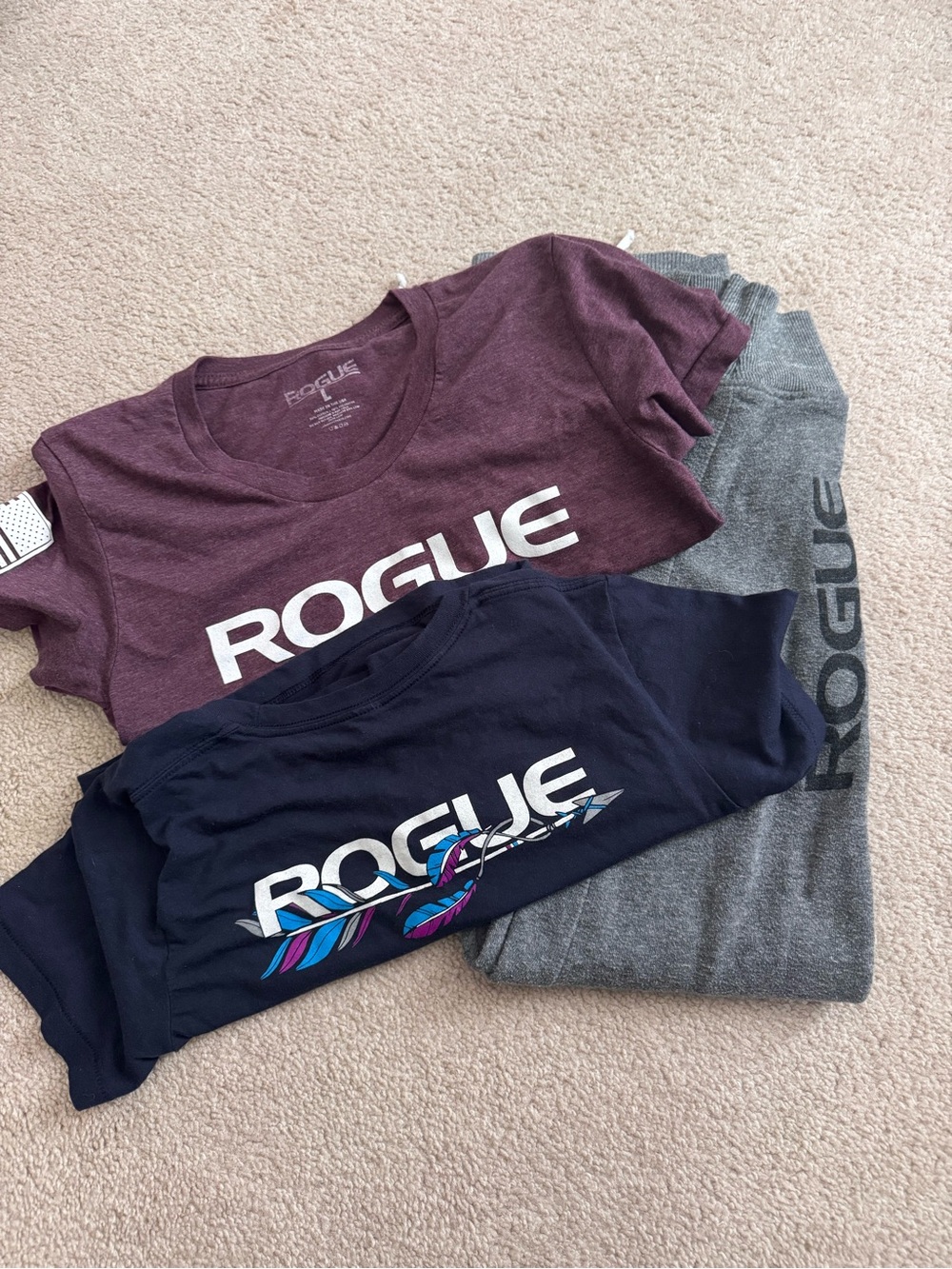 Rogue womens Short Sleeve Logo Tees - Burgundy & Navy and sweatpants